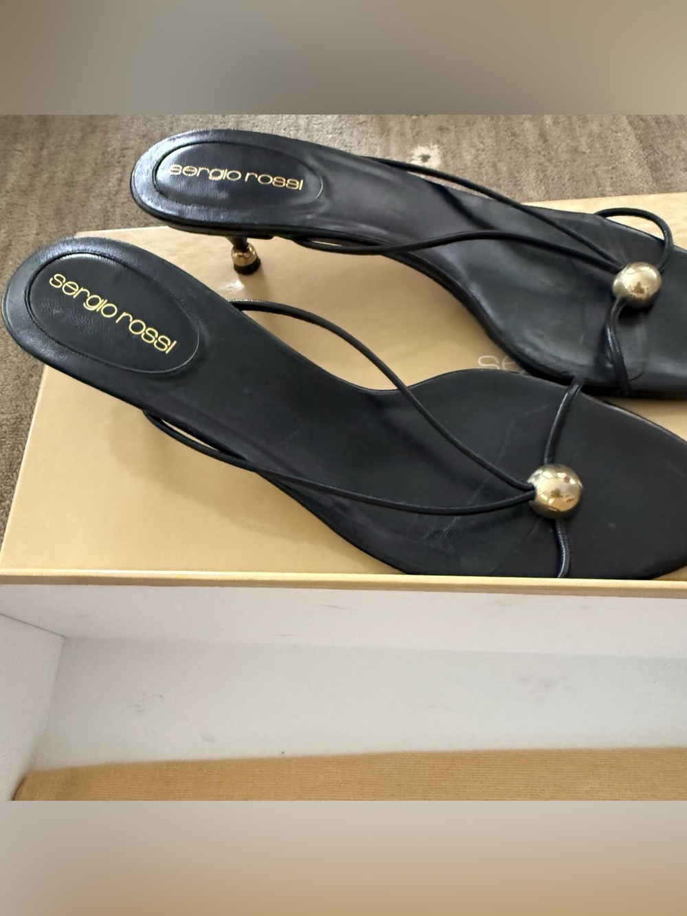 Sergio Rossi Black Leather Strappy Mules with Gold Accent